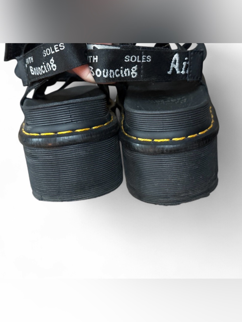 Black Women’s Dr. Martens Platform Sandals with Yellow Stitching - Picture 4 of 5